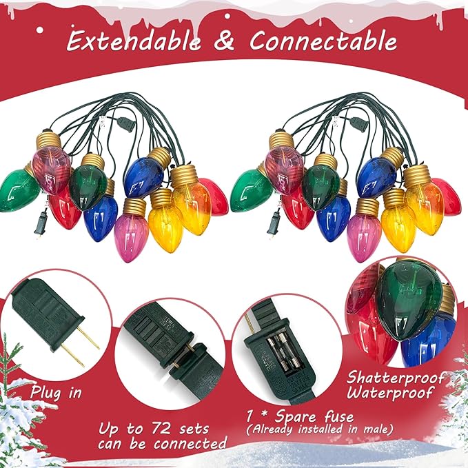 Jumbo Outdoor Christmas Lights,16FT C9 Jumbo Xmas String Lights Decorations Waterproof Hanging Lights with 10 Large Clear Multicolor Bulb for Outdoor Porch Patio Eave Xmas Roof Decoration