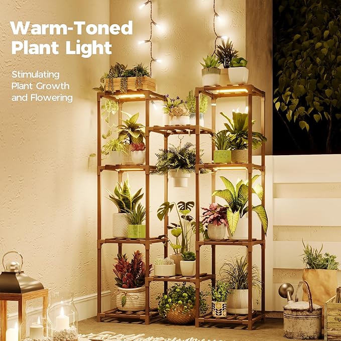 Bamworld Plant Shelf with Grow Light Plant Stand for Mutiple Pots Large Plant Holder for Living Room Patio Boho Home Decor for Gardening Warm Light