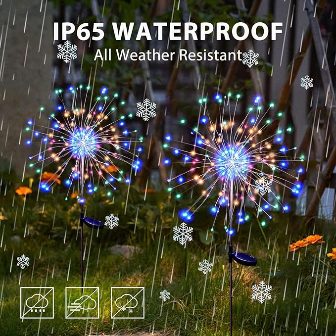 Solar Garden Lights for Outdoor Decor, Waterproof 2 Pack Solar Powered Firework Stake 120 LED Sparklers String Lights for Yard Pathway (Colorful)