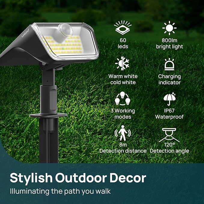 Linkind Solar Lights Outdoor Waterproof IP67, 3000K/6500K Solar Motion Sensor Lights with 6 Modes, 60 LEDs Solar Powered Spot Lights Outside Landscape Lighting for Garden Yard Pathway, 6 Pack