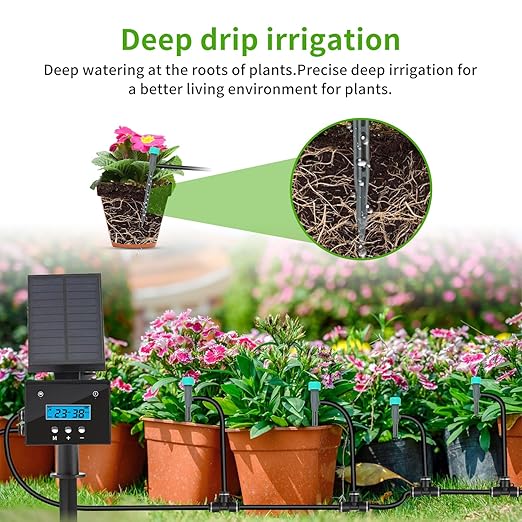 Solar Drip Irrigation System, Automatic Irrigation System for Outdoor Gardening,2200mA Battery and rain Sensing Function,for courtyards, Balconies, Gardens, 10 Potted Plants