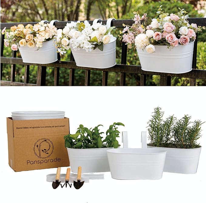 5 Pack Metal Hanging Flower Pots for Railing Fence,Outdoor Balcony Rail Planter with Garden Tools Detachable Hooks Drainage Holes for Deck Garden Home Decor White