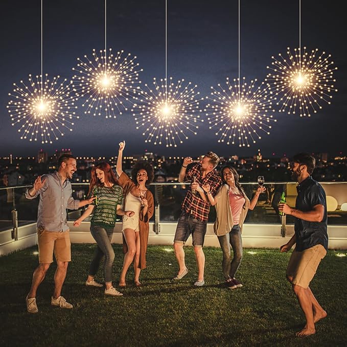 4 Pack 800 LED Starburst Sphere Lights, Battery Operated Firework, 8 Modes Dimmable Remote Control Waterproof Hanging Fairy, Copper Wire for Patio Parties Christmas (Warm White)