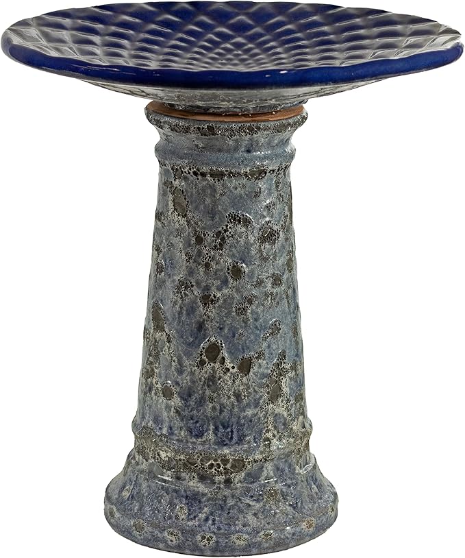 Sunnydaze Rennes Outdoor Ceramic Bird Bath - 22.5" H - UV- and Frost-Resistant - Glazed Bowl with Blue Lava Finish