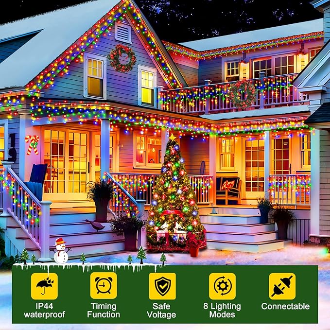 Hezbjiti 400LED Christmas Lights Outdoor 33FT Icicle Lights Dark Green Wire LED Icicle Lights Outdoor with 8 Modes 75 Drops Fairy String Lights for Christmas Decor Eaves Party Yard Garden