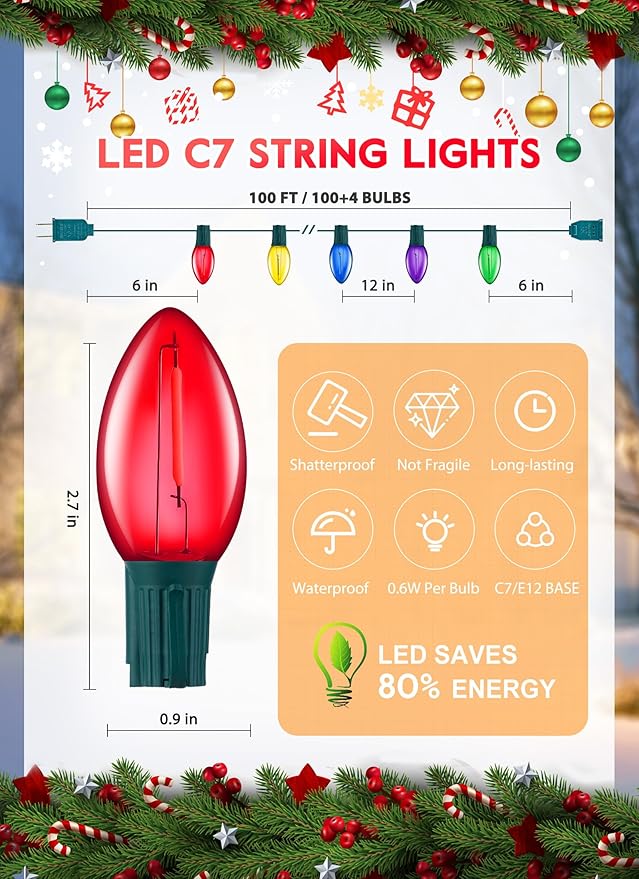 Multicolor C7 LED Christmas String Lights, 100FT C7 Vintage Christmas Lights with 104 Bulbs(4 Spare), Commercial Connectable Christmas Tree Lights for Xmas Holiday Roofline Garden Wedding Decor