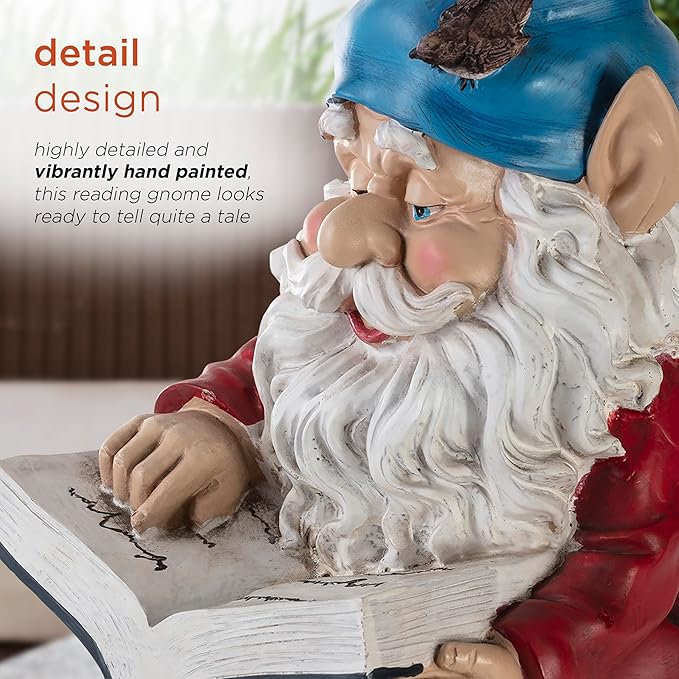 Alpine Corporation 14" Tall Outdoor Garden Gnome Reading a Book Yard Statue Decoration