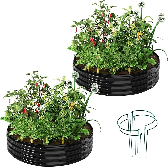 Galvanized Metal Planter Round Raised Garden Bed Kit for Gardening Outdoor,2x2x1ft 2pc Grow Garden Box Raised Flower Bed,Round Galvanized Planter Outdoor Metal Fire Pit Ring Black