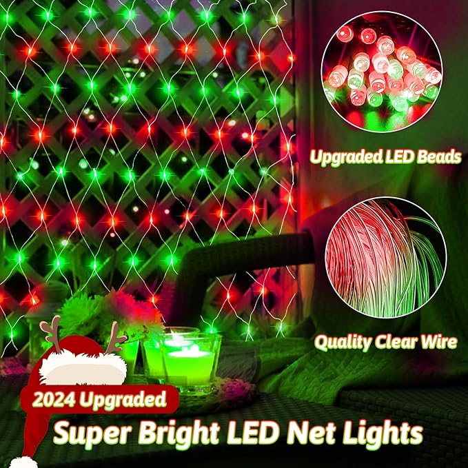 JXLEDAYY Christmas Net Lights Outdoor Decorations 3M*2M Mesh Lights Fairy String Lights Plug in with Timer Waterproof for Outside Bush Window Wall Patio Party Decor (Red & Green, 200 LED 3M*2M)