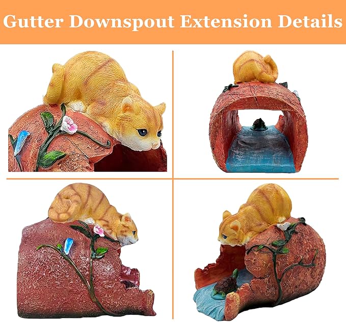 Teaeeno Orange Cat Decor Statue Gutter Downspout Extension Decorative,Animal Statue Outdoor Decor,3"×4" Rain Gutter Downspout Splash Block,Garden Splash Block Outdoor Sculpture,Rain Downspout Diverter
