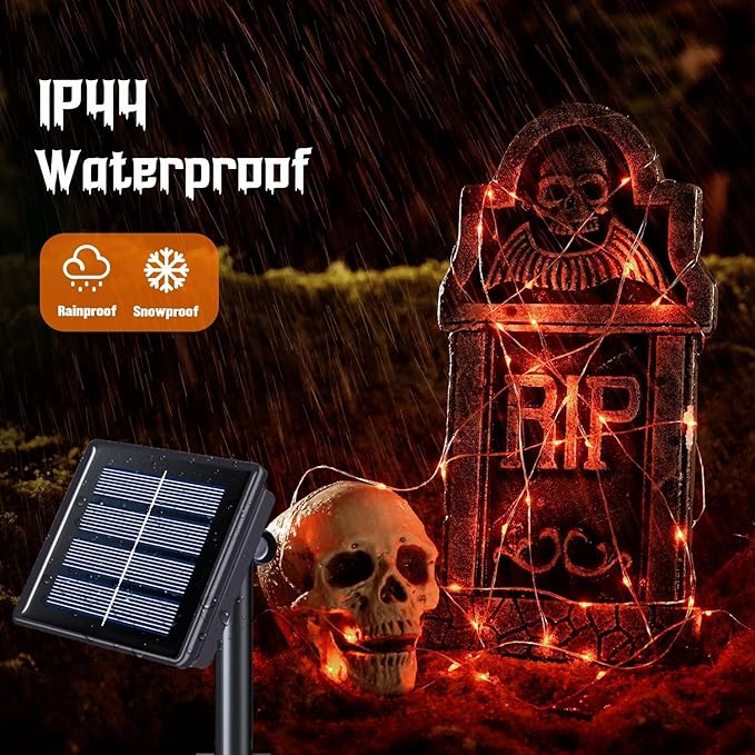 JMEXSUSS 2 Pack Orange Solar Halloween Lights, 66ft 200 LED Solar Fairy Lights Outdoor, Waterproof Solar String Lights for Tree Patio Garden Halloween Thanksgiving Decorations