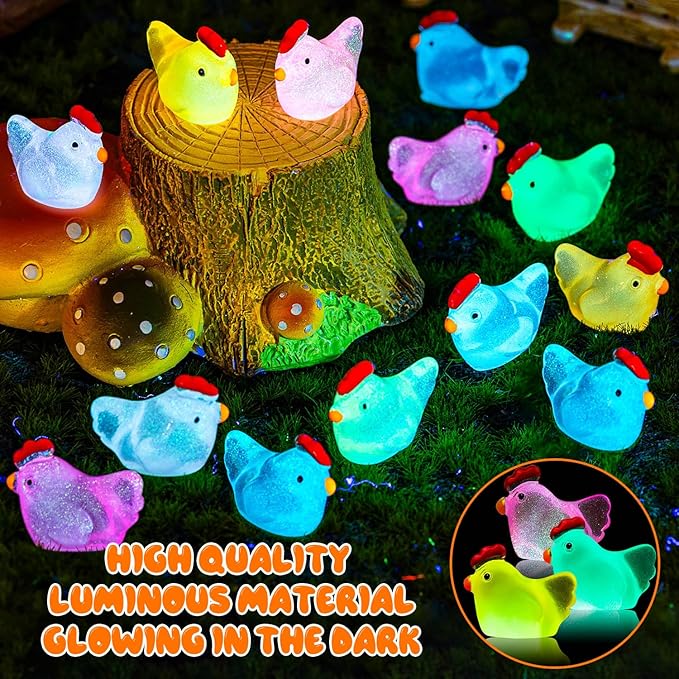 192PCS Luminous Mini Resin Chickens Miniature Animals, Tiny Chickens Miniature Figurines Glow in The Dark for Micro Garden, Potted Plant, DIY, Home Outdoor Party Decor (8 Colors)
