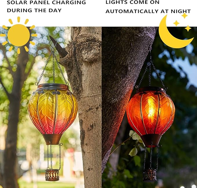 pearlstar Hot Air Balloon Solar Lantern with Flickering Flame Light Outdoor Solar Hanging Lights Waterproof for Garden Yard Farmhouse Patio Outside Decoration, Stained Glass Gradient Orange
