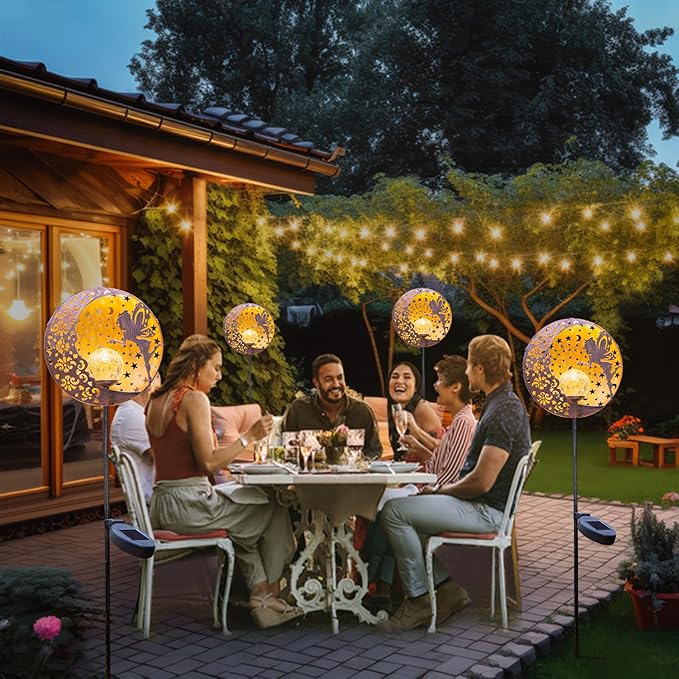 Tryme Solar Fairy Garden Lights - Moon Star Glass Globe Pathway Stake, Waterproof Outdoor Decorative Lights for Patio, Yard, Lawn