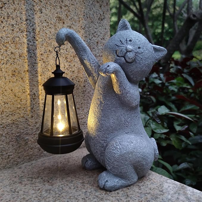 Cat Solar Garden Statues,Resin Cat Figurine Decorations with Solar Lights Lantern, Outdoor,Statue Decor Art for Lawn,Yard,Unique Housewarming Gift for Garden Home