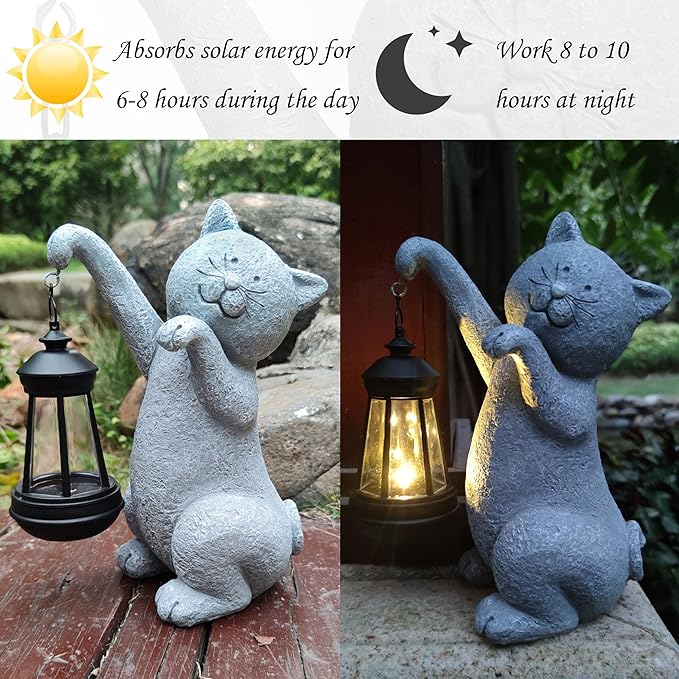Cat Solar Garden Statues,Resin Cat Figurine Decorations with Solar Lights Lantern, Outdoor,Statue Decor Art for Lawn,Yard,Unique Housewarming Gift for Garden Home