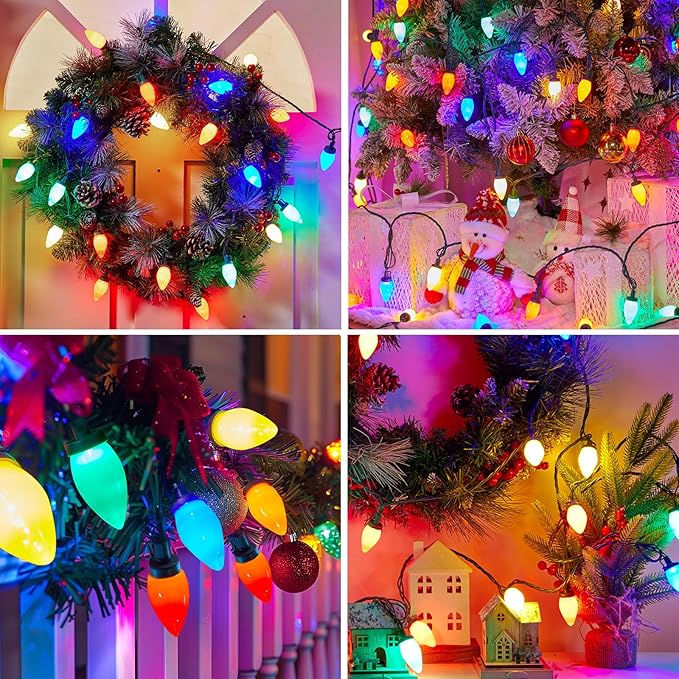 Brightown C9 LED Christmas String Lights, 66ft Multi-Color Outdoor Lights String with 100 Smooth Opaque Bulbs, Plug-in Vintage Roofline Lights String for Outside Patio Christmas Holiday Decor