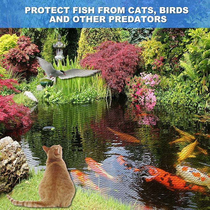 Pond Netting, 15 x 20 FT Pond Net Heavy Duty Pond Netting for Koi Ponds, Garden Pool Fine Mesh Netting Kit for Leaves, Protects Koi Fish from Birds Cats Predators, with 14 Stakes and 30 Cable Zip Ties