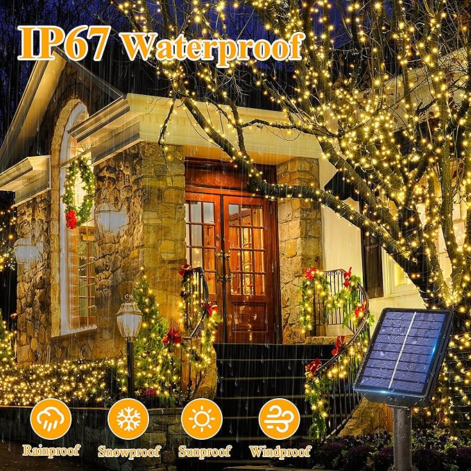 Ollny Solar String Lights Outdoor, 2 Pack Total 198FT 600LED Solar Fairy Lights, 8 Modes IP67 Waterproof for Outside Yard Garden Patio Xmas Party, Warm White