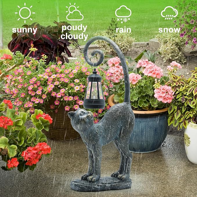 Resin Cat Statue with Solar Lantern, Eye-catching Garden Sculpture Decor,15.3" Height Outdoor Figurine for Garden Yard Patio Decorations,Birthday Gifts