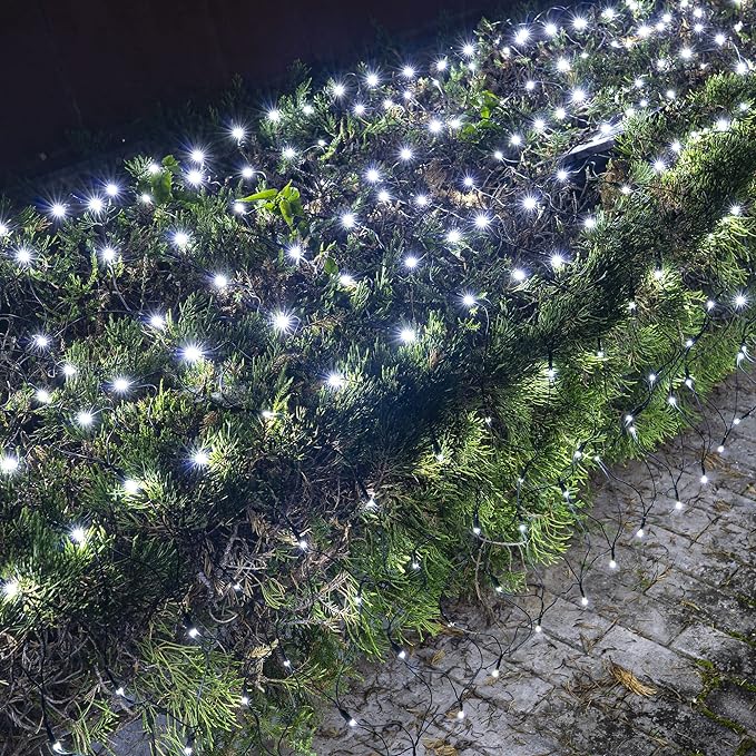 Dazzle Bright Christmas Net Lights, 360 LED 12FT x 5 FT Green Wire Waterproof Connectable String Lights with 8 Modes, Christmas Outdoor Lights for Bush Garden Party Wedding Holiday Decoration (White)