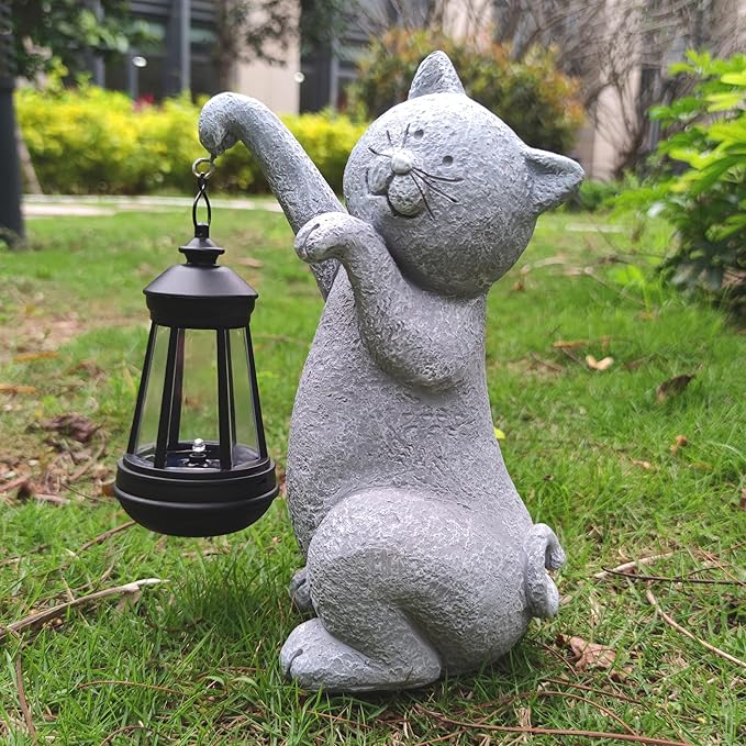 Cat Solar Garden Statues,Resin Cat Figurine Decorations with Solar Lights Lantern, Outdoor,Statue Decor Art for Lawn,Yard,Unique Housewarming Gift for Garden Home