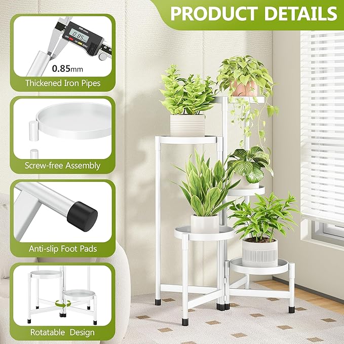 5 Tier Metal Plant Stand Indoor, Rotatable Corner Plant Shelf Outdoor, Tiered Flower Pot Display Stand, Black Multiple Plants Holder for Patio Living Room Balcony Garden Home Decor - White