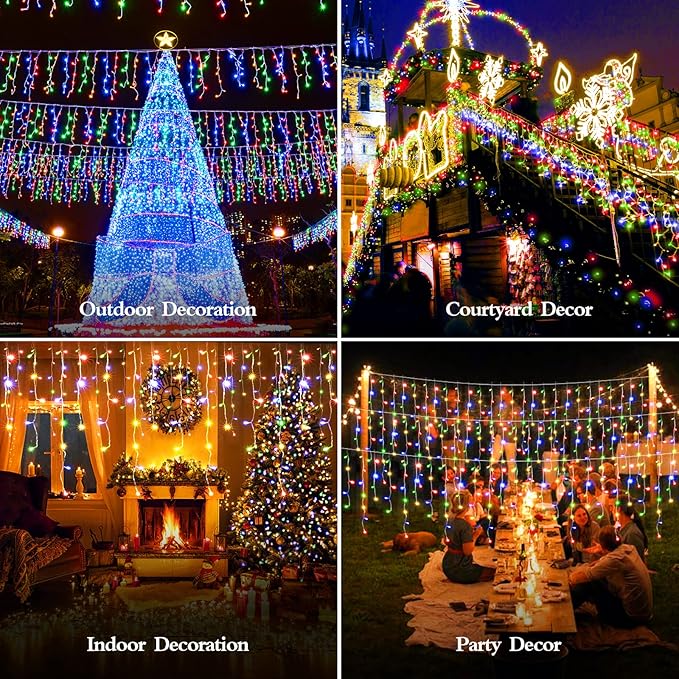 480 LED 49FT Christmas Lights Plug in 8 Modes with Timer Dimmable Christmas Decorations Outdoor Waterproof Indoor Curtain String Lights for Roof Porch Garden Holiday Wedding Party Decor Multi Colored