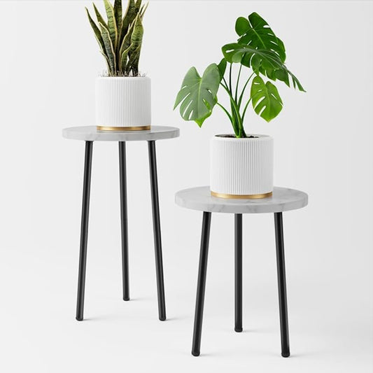 Plant Stand Indoor Tall: Corner Wood Plant Stand 2 Pack Mid Century Modern Decor - Small Round Plant Table for Indoor Plants - Outdoor Plant Holder for Patio Living Room Bathroom Office (White Marble)