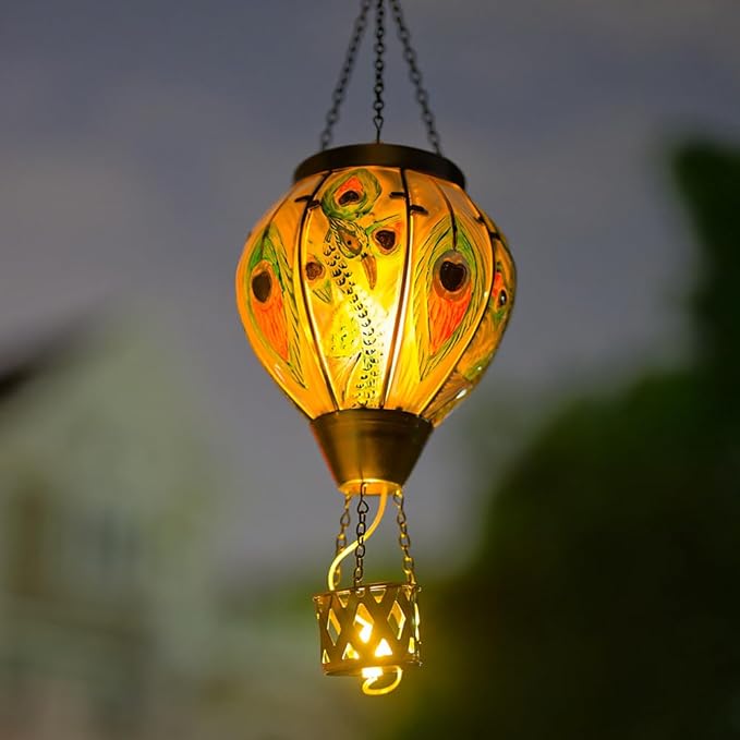 Peacock Hot Air Balloon Solar Lantern with Flickering Flame,Glass Hanging Solar Lanterns Outdoor Waterproof,Hot Air Balloon Decorative Lights for Patio Porch Yard Decor,Peacock Gifts for Women