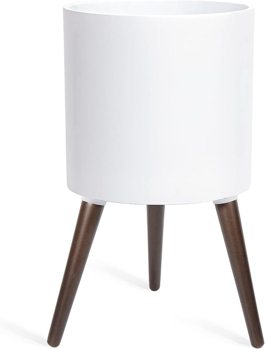 D'vine Dev 12 Inch Planter Pot with Stand, Mid-Century Tall Plant Pot with Legs for Indoor Plants, Large, White, 88-O-C-1