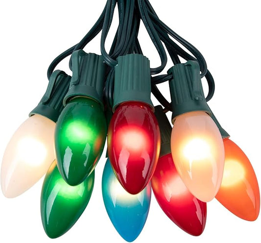 Vintage C9 Multicolor Christmas Lights Outdoor, 100 FT C9 String Lights for Christmas Decorations Holiday Party Indoor Room Outdoor Roofline Backyard Garden Patio Cafe Home Decoration, E17 Base