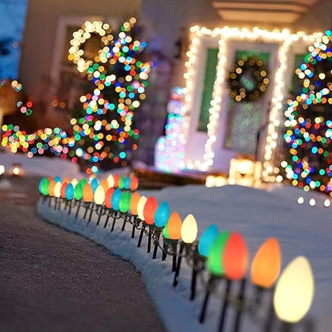 25Ft Multicolor Christmas Lights C7 Vintage Christmas String Lights with 27 Multicolor Ceramic Bulbs (2 Spare), Hanging Outdoor String Lights for Christmas Holiday Wedding Party Garden Decor- Green