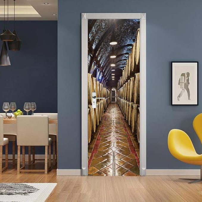 3D Door Stickers Murals Peel and Stick - Wine Cellar Wallpaper Self-Adhesive Decals - Removable PVC Waterproof Poster for Bedroom Living Room 31.5" x 78.7"