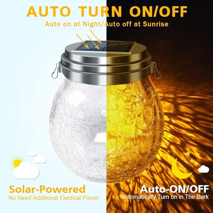 DBF Solar Lanterns Outdoor Waterproof, 4 Pack Hanging Solar Lights Outdoor, LED Cracked Glass Ball Globe Lantern Garden Decor for Patio Backyard Pathway Tree Porch Fence Events (Amber Warm & RGB)