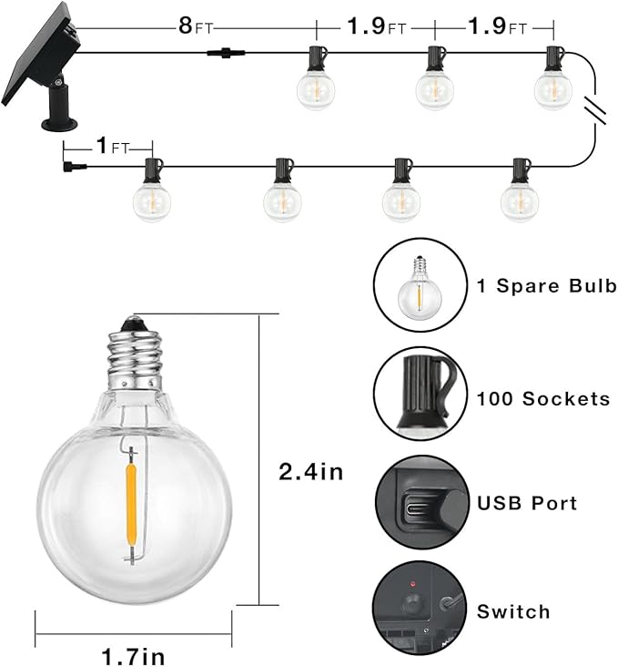 DAYBETTER 200FT Solar String Lights Outdoor Waterproof with Remote,100 LED Bulbs Dimmable&Timer,Patio Lights 3 Installation-Clips,Stakes&Nails for Outside Porch Garden Backyard Bistro