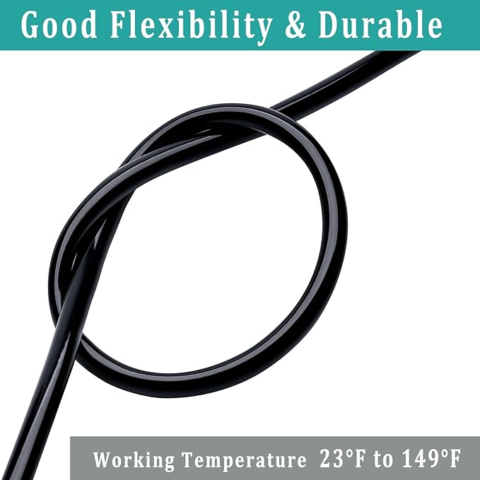 3/8" id - 25ft Black Vinyl Tubing Flexible PVC Tube Hybrid Hose Transfer Water Fuel Gas for Pond Fountain Garden Waterfall, Durable and Safe, with 2 Hose Clamps