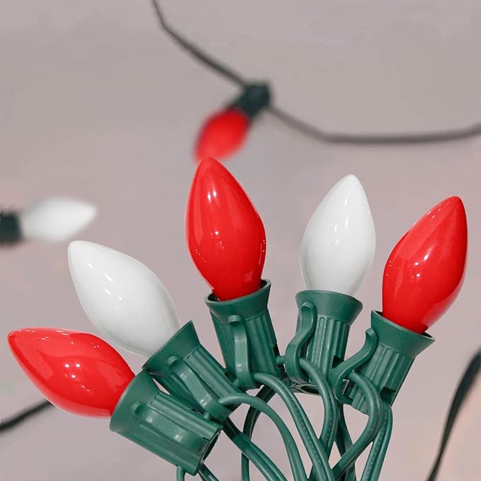 C7 Christmas Lights Outdoor, 25Ft C7 Red and White Christmas Lights with 27 Ceramic Incandescent Bulbs Vintage Christmas Light for Holiday Party Roofline Home Garden Patio Tree Decorations