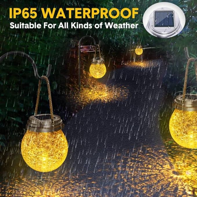DBF Solar Lanterns Outdoor Waterproof, 4 Pack Hanging Solar Lights Outdoor, LED Cracked Glass Ball Globe Lantern Garden Decor for Patio Backyard Pathway Tree Porch Fence Events (Amber Warm & RGB)