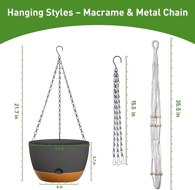 10 Inch Hanging Planters for Indoor & Outdoor Use (2 Pack) - Self-Watering & Drainage Flower Pots with Chain & Macrame Hangers (Deep Gray, 10 in)