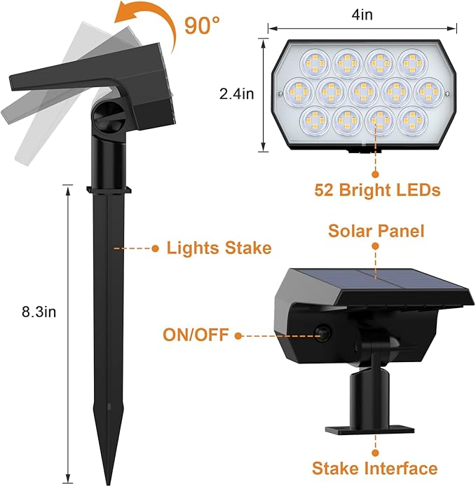 WELALO Solar Spot Lights Outdoor, [6 Pack/52 LED/3 Modes] 2-in-1 Solar Landscape Spotlights, Solar Powered Security Lights, Waterproof Wall Lights for Walkway Yard Garden Driveway(Warm White)