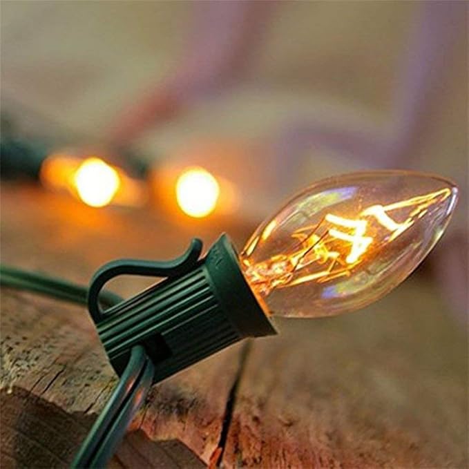 C7 Christmas Lights, 25Ft Outdoor Christmas String Lights with 27 Clear Warm White Incandescent Bulbs, Hanging Vintage Christmas Decorations Light for Roofline House Garden Patio Backyard Party Green