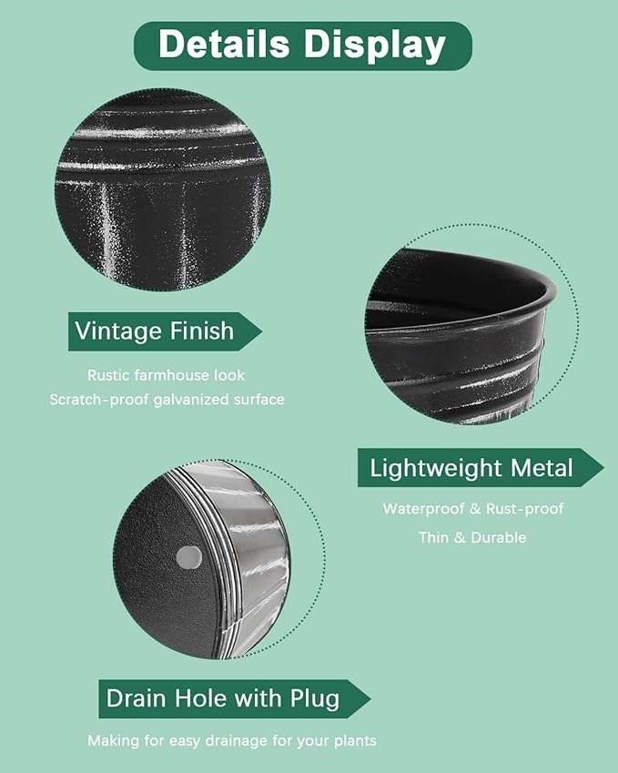 vensovo 5 Inches Black Metal Rustic Flower Pots - 6 Pcs Small Galvanized Planters with Drainage Hole and Rubber Plug, Rustproof Tin Bucket Plant Pot Farmhouse Vintage Style for Decor