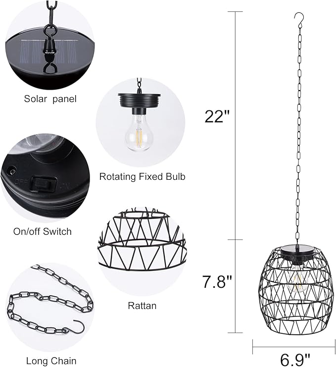 Hanging Solar Lantern Outdoor Waterproof, Metal Lantern Bright Solar Outdoor Lights with Edison Bulb for Garden Patio Yard Decoration