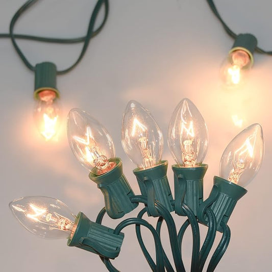 C7 Christmas Lights, 25Ft Outdoor Christmas String Lights with 27 Clear Warm White Incandescent Bulbs, Hanging Vintage Christmas Decorations Light for Roofline House Garden Patio Backyard Party Green