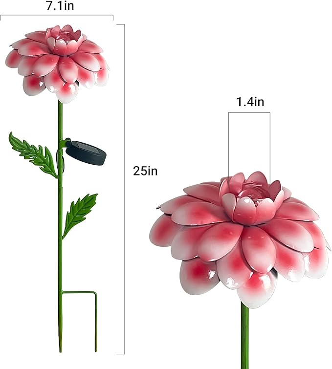 6Pcs 25" Solar Garden Decor for Outside, 3D Metal Flowers for Outside, Valentines Day Decorations Outdoor, Solar Stakes Garden Decor, Yard Art for Lawn Patio Porch Gifts for Her