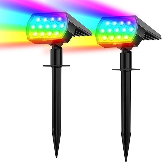Solar Spot Lights Outdoor Color Changing,[7 Modes/2 Pack] Christmas IP65 Waterproof Landscape Spotlights, Dusk to Dawn Solar Powered Security Light for Patio Gate Walkway Pool Garden Yard Driveway