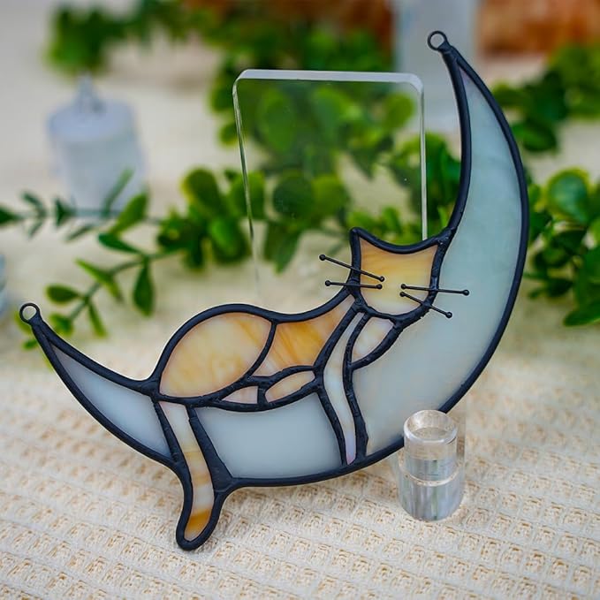 BOXCASA Sleeping Cat Stained Glass Windown Hanging,Yellow Cat on Moon Beautiful Handcrafted Sun Catcher Gifts for Daughter,Mothers Day,Christmas and Cat Lover