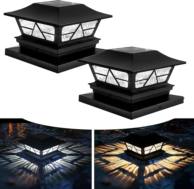 TW SHINE 2 Pack Solar Outdoor Fence Post Lights, 2 Modes Post Cap Lights Waterproof Color Changing Warm White/Cool White for Yard, Garden, Porch, Patio Decor, for 4x4 5x5 6x6 Wood Posts