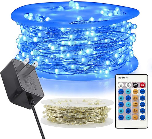 RUICHEN Blue Dimmable Fairy Lights Plug in, 99 Ft 300 LED Twinkle String Lights with Remote, Waterproof Silver Wire Firefly Lights for Bedroom, Patio, Yard, Christmas, Wedding, Party, New Year's Day